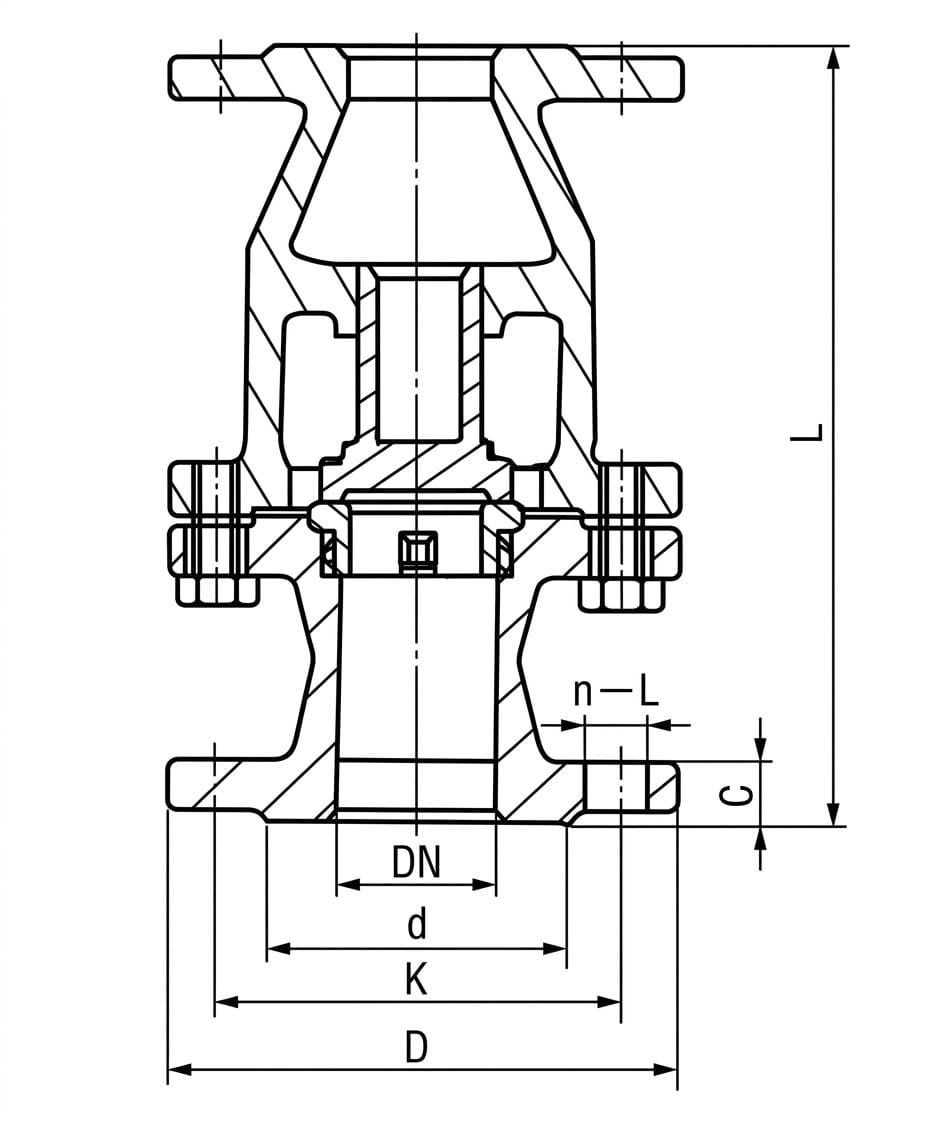 H42H-25Q H42H-25 vertical lift check valve structure drawing showing flanged body, guided disc stem, seat ring and vertical flow direction