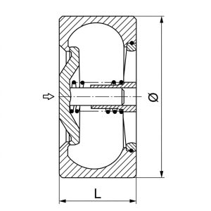 H71H H71W wafer lift check valve structure drawing showing compact wafer body, guided lift disc, central stem guide and flow direction arrows