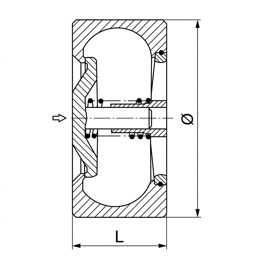 H71H H71W wafer lift check valve structure drawing showing compact wafer body, guided lift disc, central stem guide and flow direction arrows
