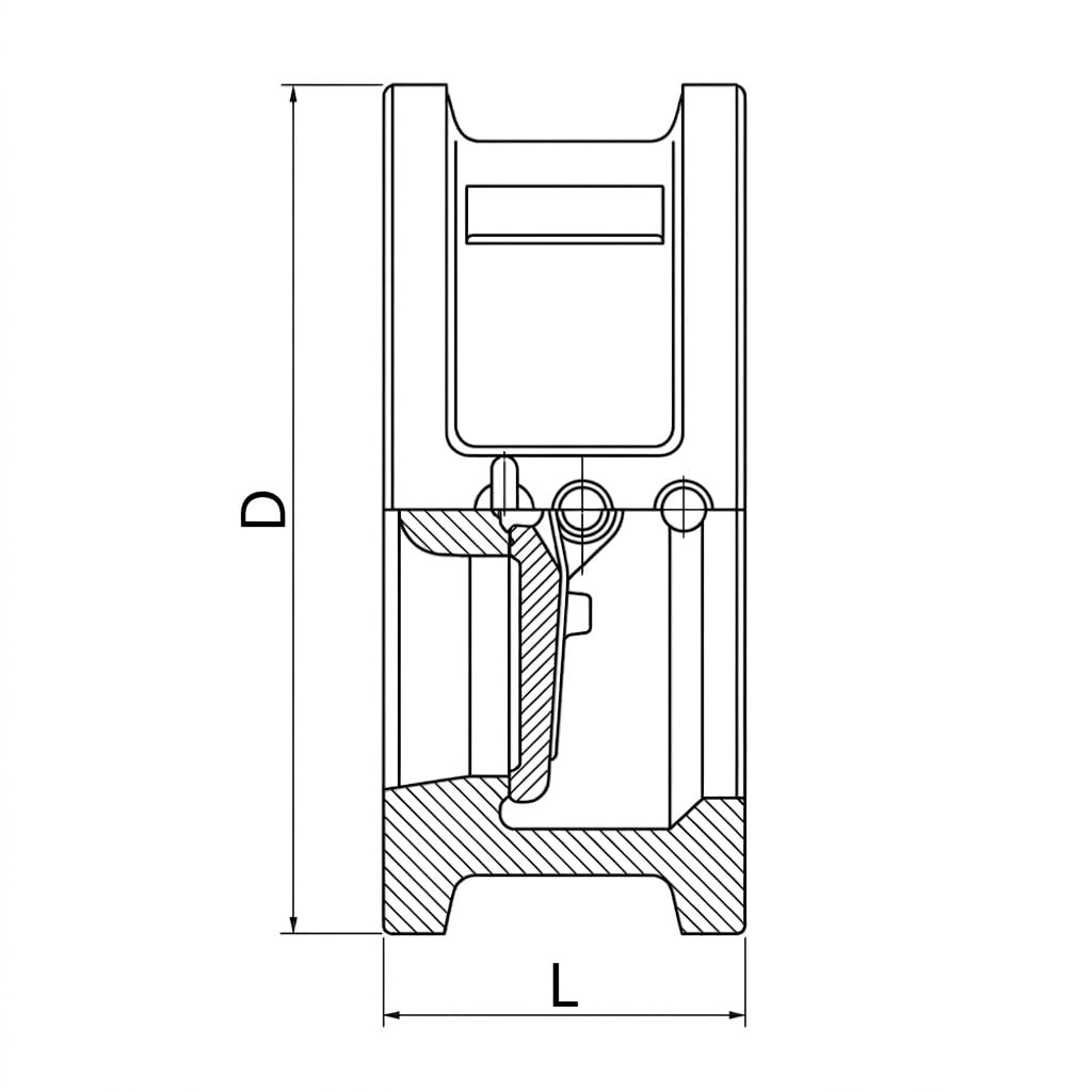 H76H H76W wafer double disc swing check valve structure drawing showing wafer body, two semi-circular swing discs on center hinges, spring assist mechanism and flow direction arrows