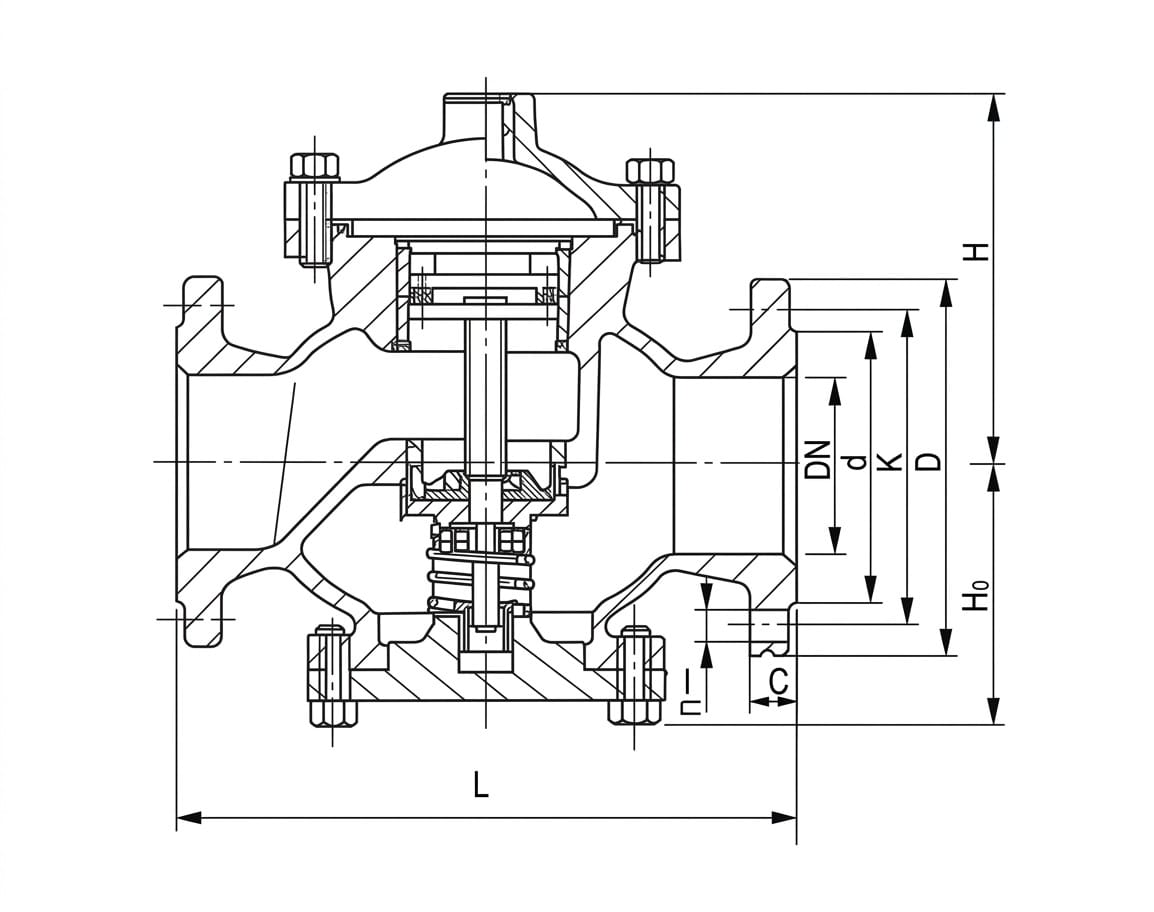 H7B41X-16Q H7B41X-16C liquid control check valve structure drawing showing flanged body, spring-loaded disc assembly, bonnet, and hydraulic control chamber with flow direction
