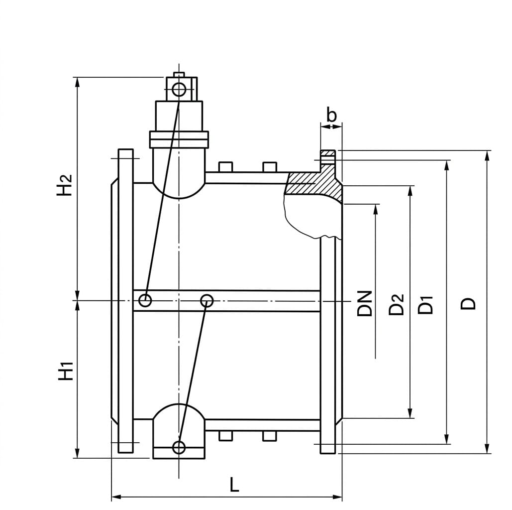 HH46X butterfly slow-closing check valve structure drawing showing flanged body, butterfly disc with rubber sealing ring, hydraulic slow-close cylinder on top, disc shaft and flow direction arrow