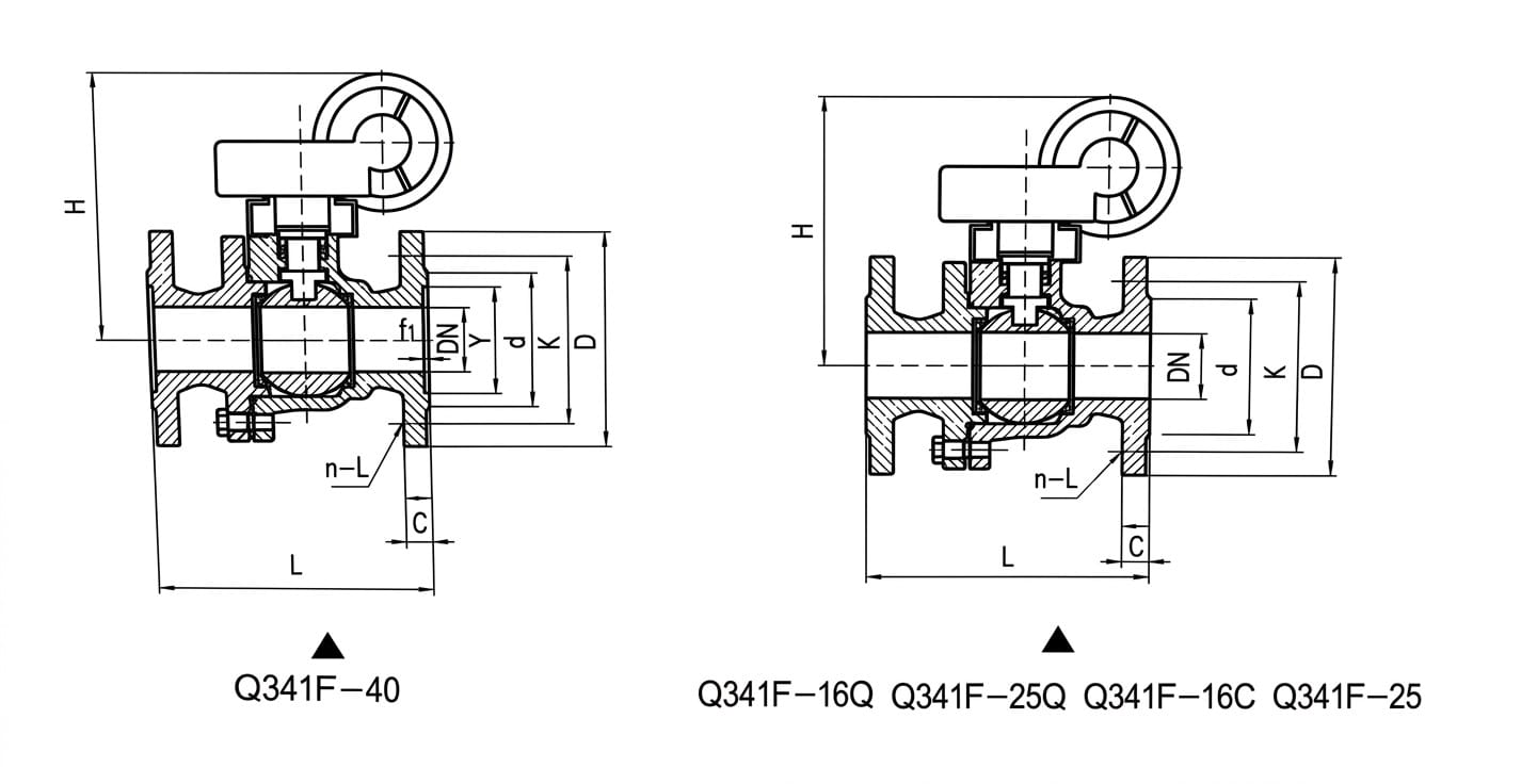 Q341F worm gear operated ball valve structure showing two body styles: Q341F-40 with split-body design and Q341F-16Q/25Q/16C/25 with three-piece body construction, integral worm gear actuator with red handwheel, floating ball with PTFE seats, anti-blowout stem, flanged end connections