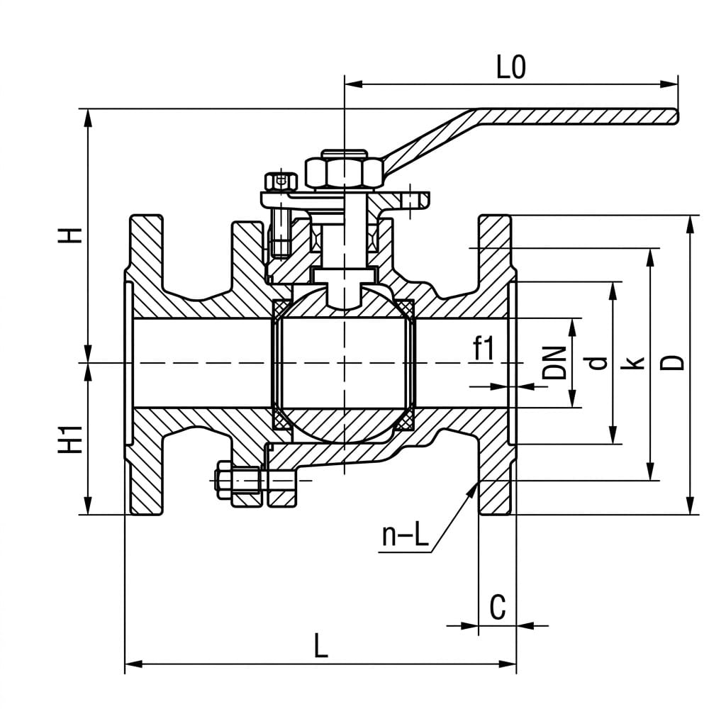 Q41F flanged ball valve cutaway drawing showing floating ball, PTFE seat rings, anti-blowout stem and lever handle