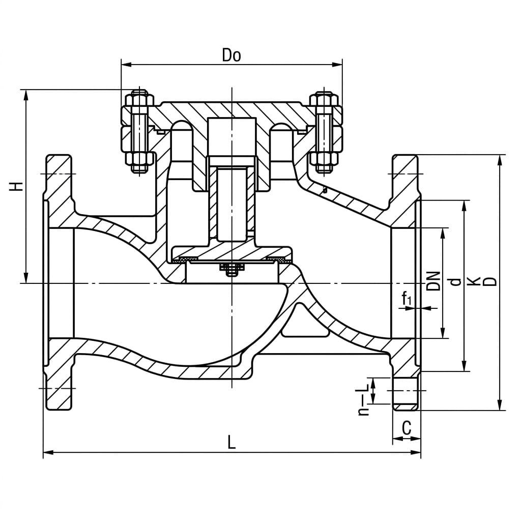 H7B41X-16Q H7B41X-16C liquid control check valve structure drawing showing flanged body, spring-loaded disc assembly, bonnet, and hydraulic control chamber with flow direction