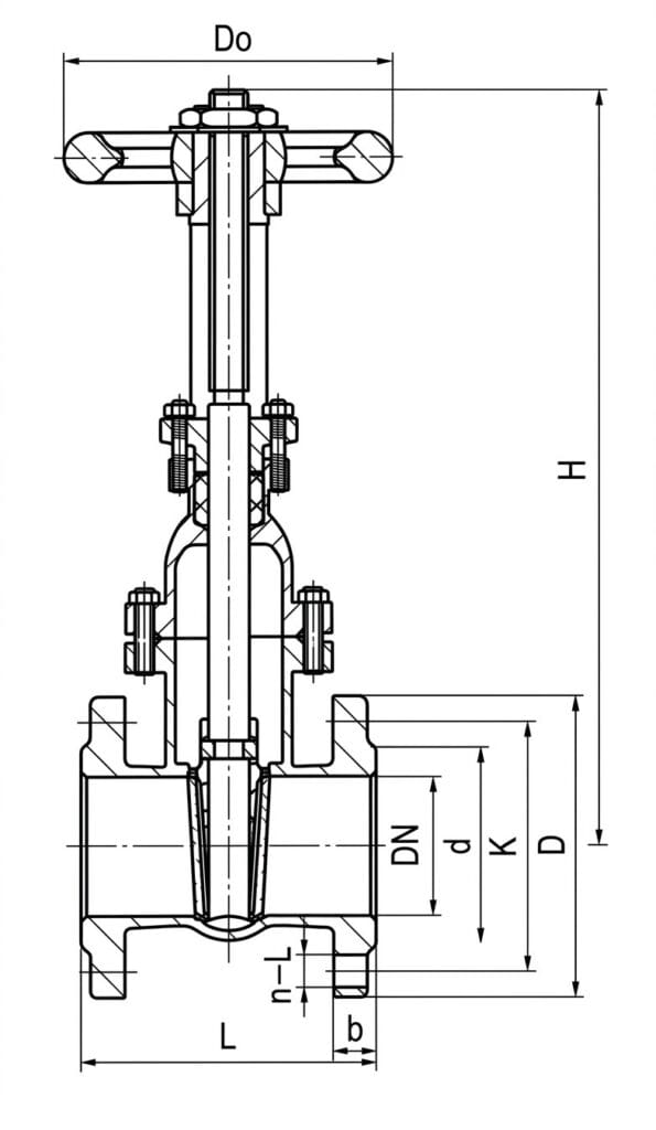 Z45T-10 non-rising stem bronze seat gate valve section drawing showing wedge, brass seat rings, internally threaded stem and flanged body