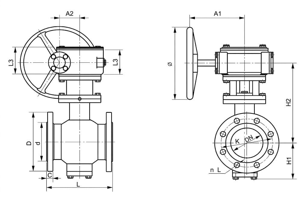 BQ340H eccentric semi-ball valve structure showing three views: front photo with worm gear handwheel and blue carbon steel body, side engineering drawing showing H1 closed height and H2 open height with actuator, and end-on flange view with dimensional annotations; eccentric semi-spherical disc in hard alloy seat with stainless steel stem and worm gear drive mechanism