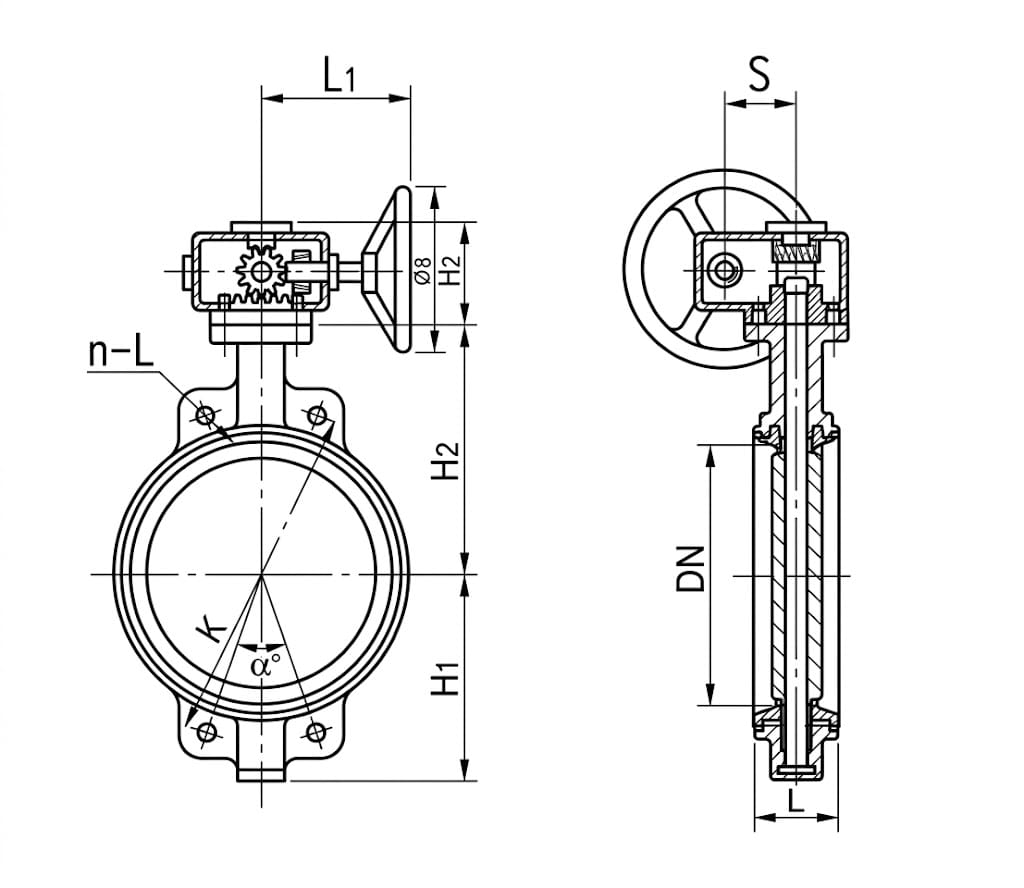 D371X Gear-Operated Wafer Butterfly Valve Structure Diagram