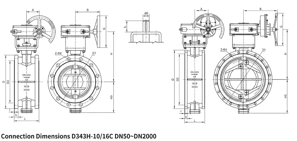 D343H triple offset flanged butterfly valve structure diagram showing laminated metal seat, triple eccentric shaft and gear operator