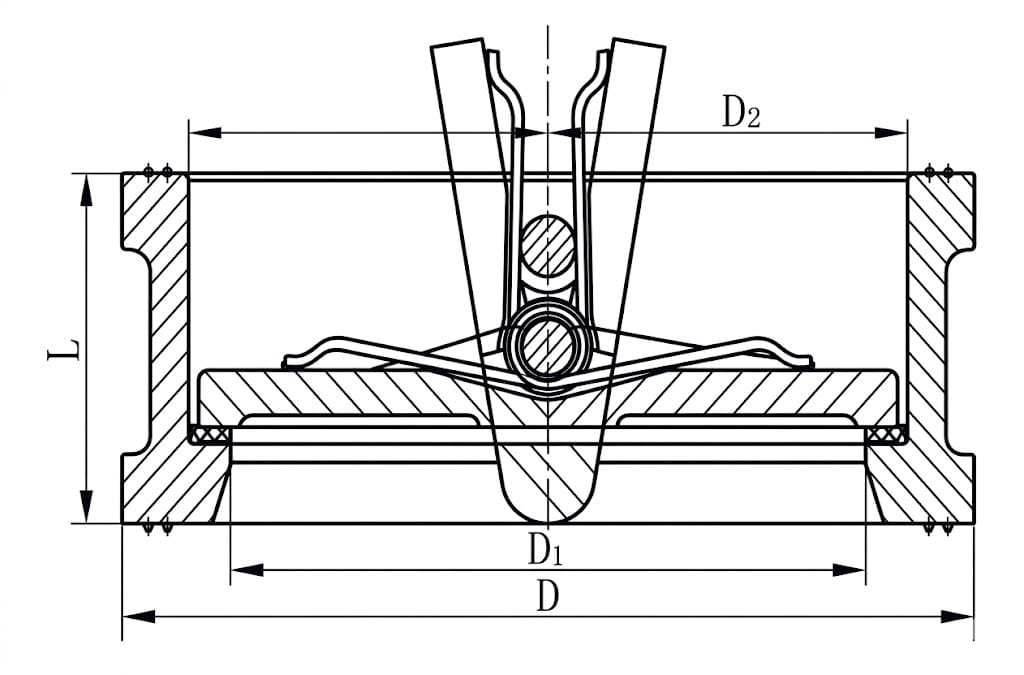 H76X wafer double disc swing check valve rubber sealed structure drawing showing wafer body, two half-discs with rubber sealing rings, center hinge pins, spring assist mechanism and flow direction arrow