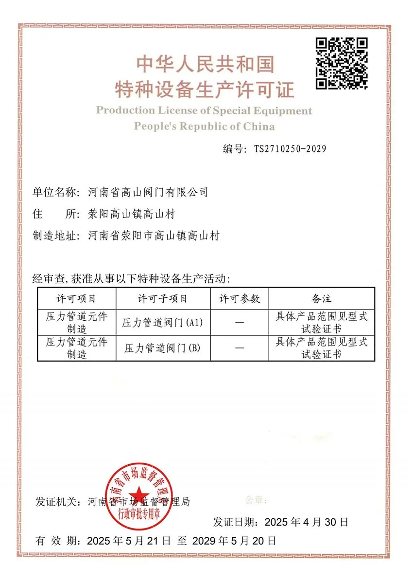 PRC Special Equipment Manufacturing License - Pressure Pipeline Valves (A1/B Grade)