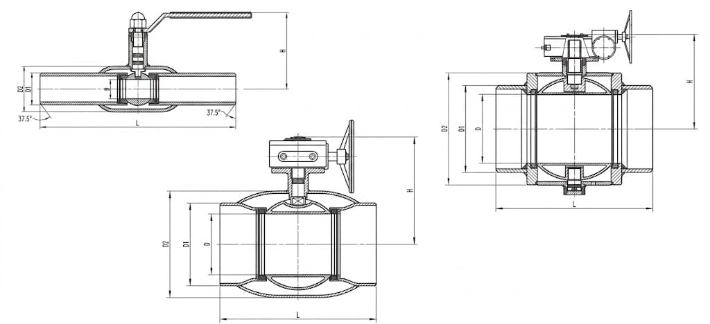 Welded ball valve structure showing four variants: lever handle reduced bore with carbon steel body and yellow-capped welded ends, worm gear full bore with blue carbon steel body and handwheel, compact lever handle model, and large DN worm gear model with support legs, featuring floating Ss304 ball, PTFE+20%GC seat rings, 2Cr13 stem with anti-blowout design, dish spring preloading system, and butt-welded end connections with dimension annotations