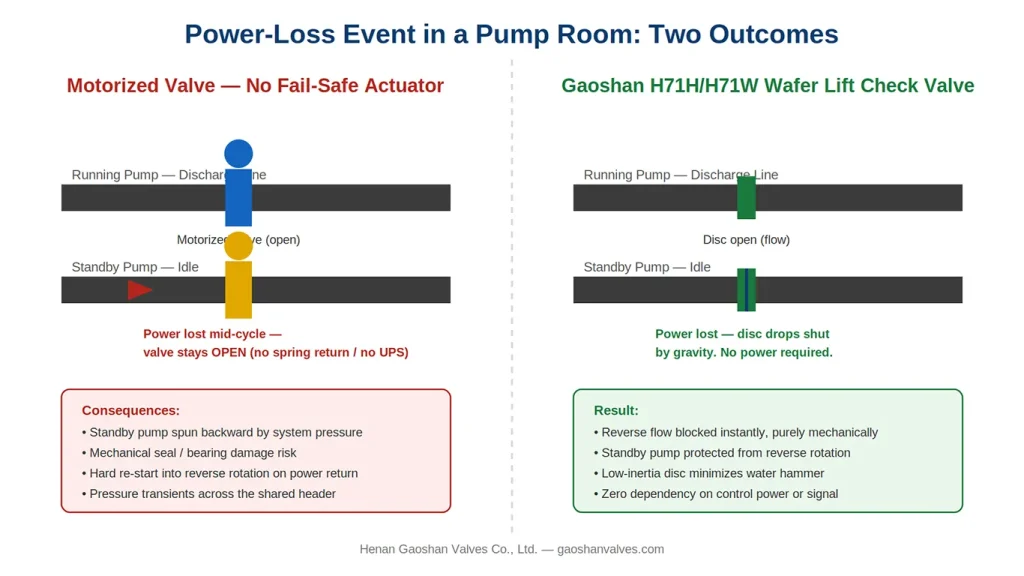 Power-loss comparison: motorized valve vs. mechanical check valve